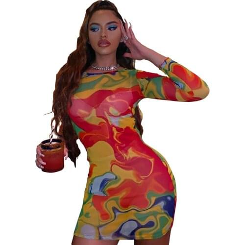 New autumn fashion womens clothing Sexy round long-sleeved dress Digital color printing temperament dress