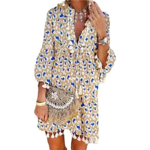 Spring Summer Womens Dresses 2021 Fashion Three Quarter Sleeve V-Neck Stylish Tassels Floral Dress Printed Casual Loose Vestido