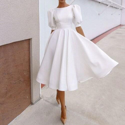 Women Retro Dress Fashion New Short Sleeve Solid Mid Length Dress Sexy Backless White Party Dress 2021 dress for women