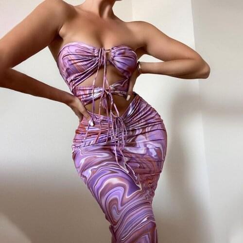 Halter Print Sexy Lace Up Bodycon Dress Women Colorful Hollow Out Ruched Bandage Midi Dresses Backless Holiday Party Beach Dress