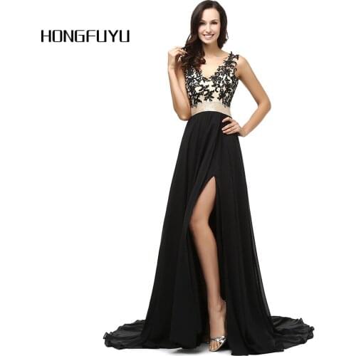Black Chiffon 2019 Evening Dresses Formal Vestido De Festa Longo Floor Length Front Slit Evening Dress Robe De Soiree z122307