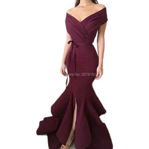 1114 Hot Burgundy V-Neck Off-The-Shoulder Mermaid/Trumpet Floor-Length Long Spandex Evening Dresses/Party Gowns Free Shipping