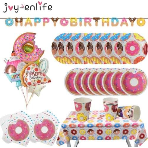 1set Donut Party Supplies Kids Birthday Party Decor Burger Icecream Candy Doughnut Balloon Donut Plate Cup Garland Wedding Favor