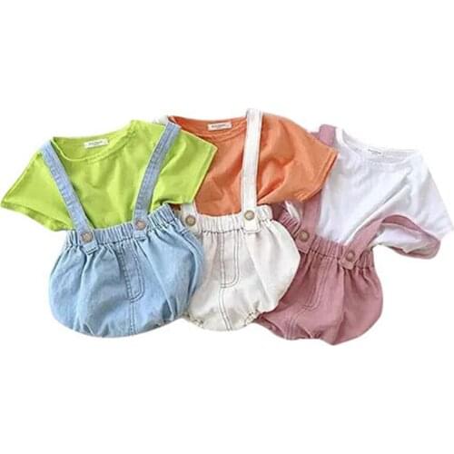 2020 Summer Casual Toddler Baby Boys Girls Lovely Clothes Sets Solid Short Sleeve T Shirt Tops+Bib Shorts 2pcs