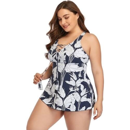 2021 New Fashion Ladies V-neck Tie-rope Printing Plus Size Swimsuit Skirt-style Swimwear with Boxer Shorts and Bikini XXXL