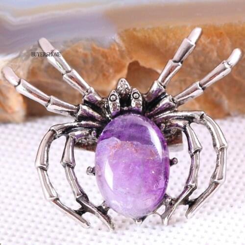 Spider Brooch Natural Stone Purple Crystal CAB Cabochon Bead Pendant for Men Women DIY Jewelry Making 1Pcs K712
