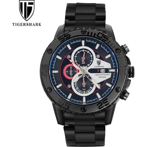 Luxury men sport watches TIGERSHARK brand men quartz watch red stainless steel chronograph wristwatches gift box 30M waterproof