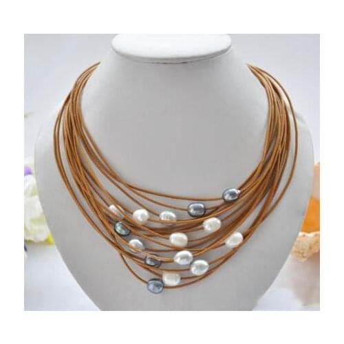 Elegant Handmade Real Pearl Jewelry 15Rows 20'' 13mm White Black Gray Rice Freshwater Pearl Coffee Leather Necklace