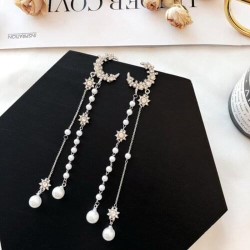 Elegant Luxury Moon Long Earrings Women Star Shiny Crystal Pearl Charm Earrings Fashion Girl Jewelry Gift X3