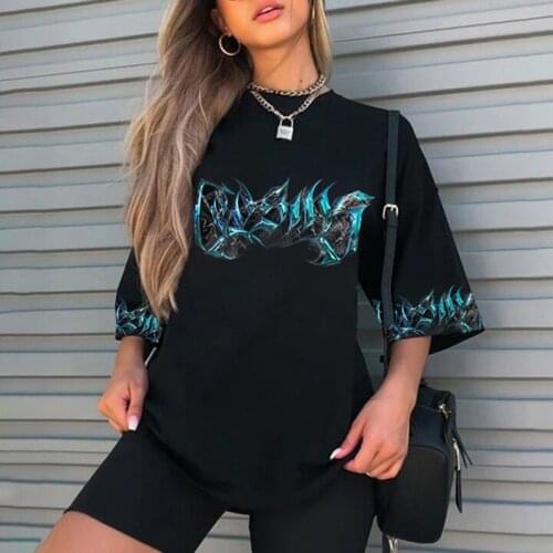 Harajuku Black Flame Print Tshirts Oversized T Shirt Women Vintage Casual Loose Short Sleeve Tee Shirt Femme Plus Size Tops