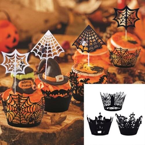 Halloween Spider Web Cupcake Liner Cake Toppers Castle Wizard Cupcake Wrappers For Halloween Party Decoration Baking Supplies