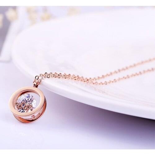 Inlaid AAA CZ Zircon Crown Circle Pendant Rose Gold Titanium Steel Necklace Women Fashion Fine Jewelry Mothers Day Gift(GN241)