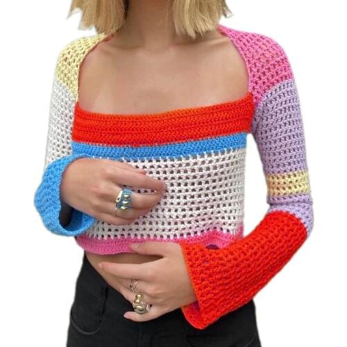 Fashion Women Crochet Knit Crop Tops Chic New Color Block Hollow Out Long Sleeve Pullover Street Square Collar Pullovers 2021