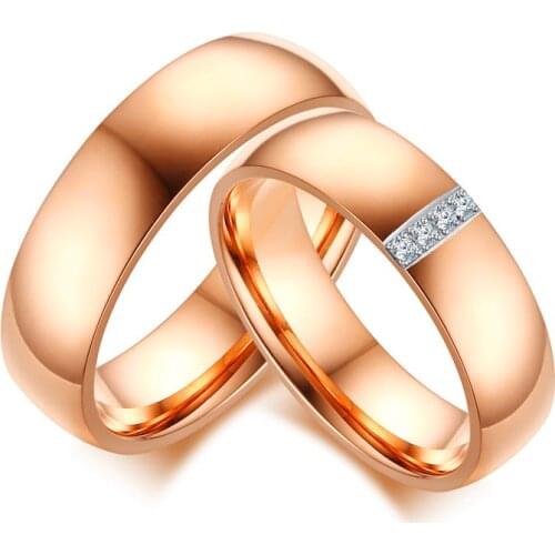 Trendy Bright 585 Rose Gold Tone Engagement Rings for Couples Stainless Steel with CZ Stone Men Women Wedding Bands R00148