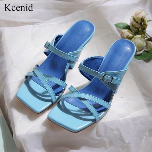 Kcenid Blue slippers women summer PU leather fashion narrow band outdoor women mules high heels sandals shoes 2020 big size 42