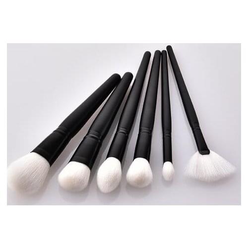 Black color 6pcs makeup brushes set wooden handle with aluminum tube and nylon wool White hair fan brush
