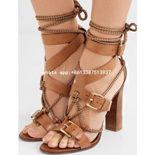 Newest 2017 Summer Women Sexy Brown Color Buckles Open Toe Gladiator Cuts Out Rough Heels Lace Up High Heel Sandals Dress Shoes