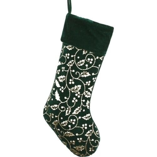 New arrivel set of 2 pcs Green Velvet design Holly Leaves Glitter BlingBling Printed with Velvet cuff Christmas stocking P4732