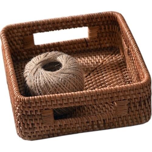 Handweave Vietnam Autumn Rattan Square Table Snacks Sundry Desktop Basket Storage with Handle