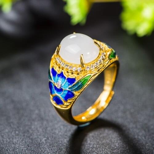 Retro Silver Jewelry S925 Sterling Silver Cloisonne Wild Peony Flower Open Ended Ring Craft Factory Direct Supply