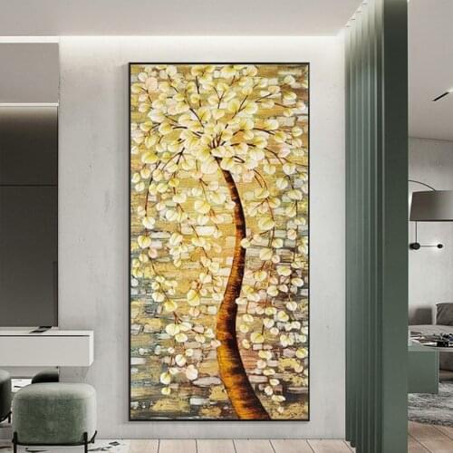 Modern Nordic Vintgae Golden Rich Tree Flower Oil Painting Printed on Canvas Wall Pictures for Living Room Home Decor Cuadros