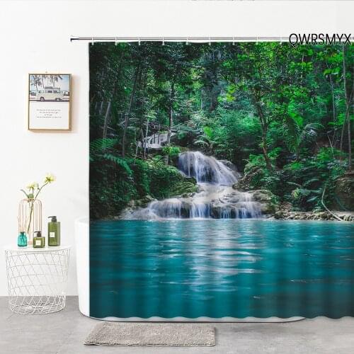 Green Forest Waterfall Landscape Shower Curtains Hooks Natural Scenery Home Bathroom Luxury Decor Curtain Background Wall Cloth