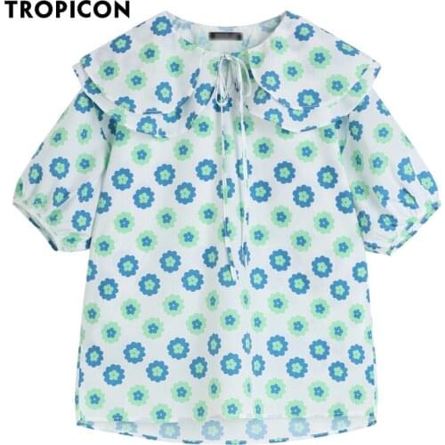 TROPICON Korean Fashion Sailor Collar Oversized Women Tops And Bloues Summer Floral Tie Neck Short Sleeve Loose Top Clothing