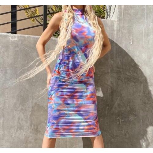 2021 Summer New Womens Fashion Design Sleeveless Printing Sexy Slim Long Bodycon Wrap Mid-calf Dress Beach Wear Midnight Club