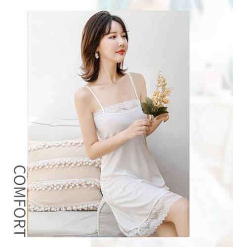 Sexy milk silk suspender underskirt women deep chest lace full slip dress slim transparent underdress bottoming skirt nightdress