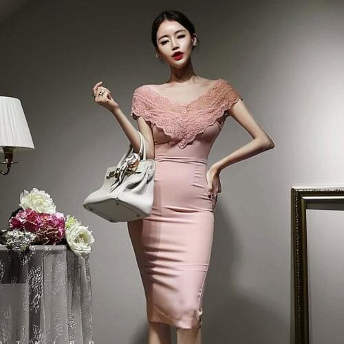 Fashion Summer Korean Vintage Lace Patchwork Midi Party Dress Ladies OL Elegant Sexy Short Sleeve Bodycon Split Streetwear Dress