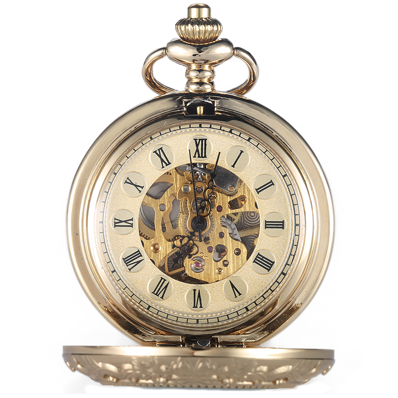 Golden Mechanical Pocket Watches Hand Winding 2 Sides Open Case Skeleton Carving Pocket watches Chains Steampunk Fob Clip Clock