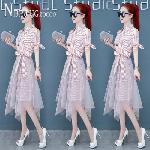 2020 Summer Waist Strap Women Dress Stripe Patchwork Female Dresses