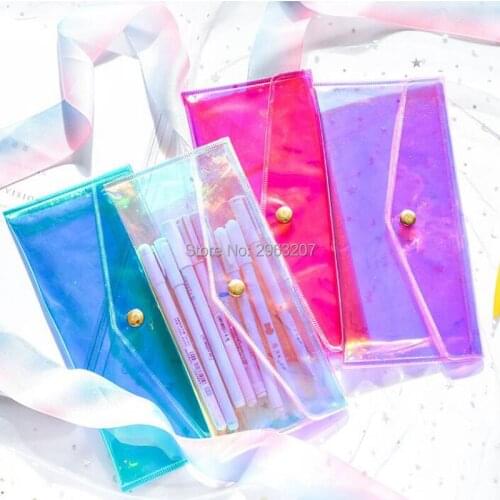 50pcs Laser Dazzle Color Transparent Glitter Pencil Case Fashion Pvc Women Cosmetic Makeup Storage Bag