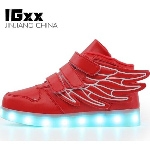 IGxx High Top LED Light Up Shoes For Kids Angel Wings USB Charging Glowing Shoes LED Child Luminous LED Sneakers Boys Red