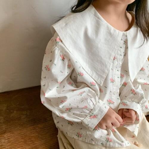 Girls floral cotton big turn-down collar long sleeve shirts Autumn loose casual clothes