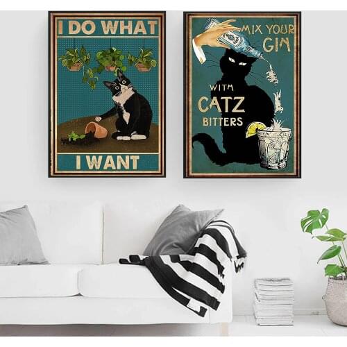 Canvas Painting Mental Black Cat Poster I Do What I Want Quote Vintage Mix Your Gin Funny Wall Art For Bathroom Home Decor