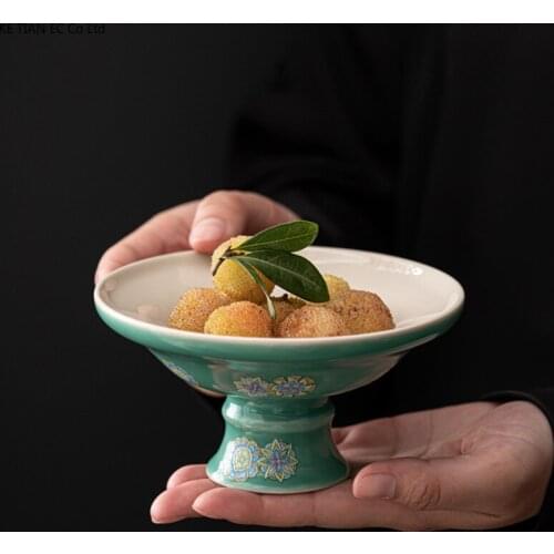 European-style Ceramic Green Tall Tray Creative Fruit Snack Dessert Plate Household Countertop Snack Dish Kitchen Storage Tray