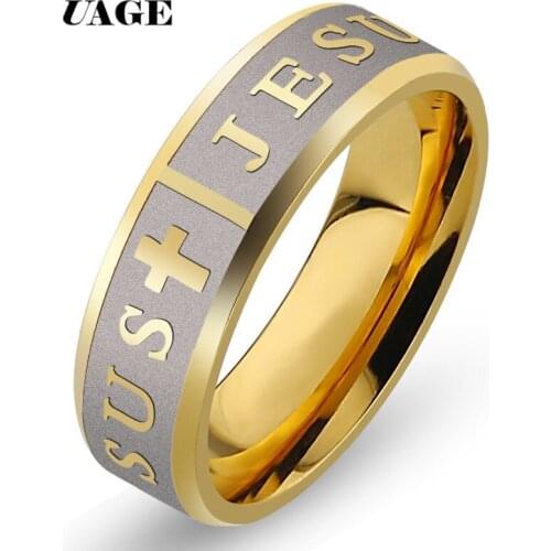 UAGE Europe Classic Jewelry Stainless Steel Letter Bible Rings Black Silver Rose Gold Band Jesus Cross Ring for Men Women Prayer