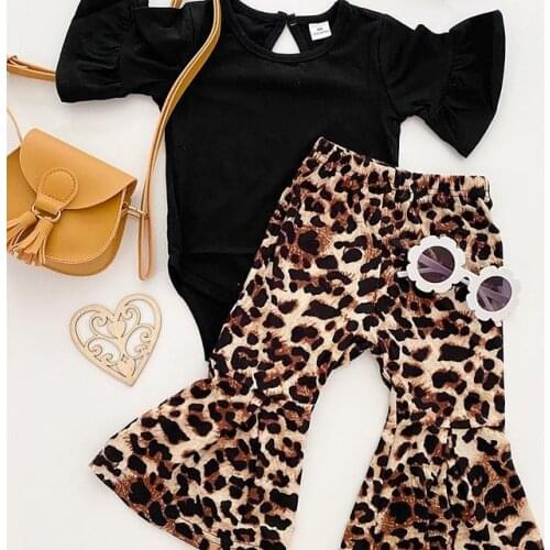 0-24M Fashion Toddler Kids Girls Summer Clothing Sets Flare Sleeve Romper Tops+Leopard Printed Bell-bottoms Long Pants