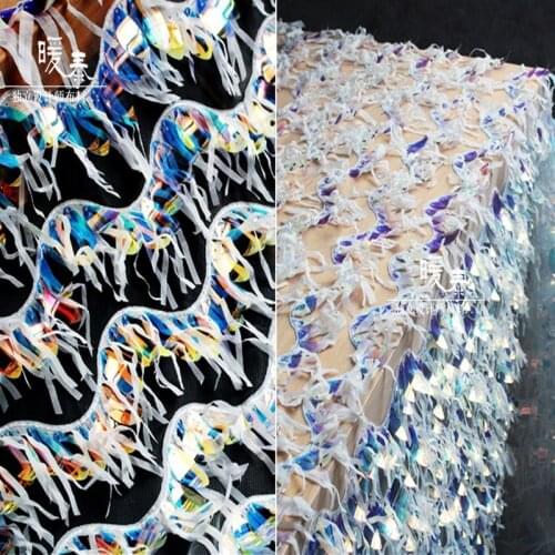 Laser Sequin Gauze Fabric Iridescent Tattered Tassels Sequins DIY Clothing Stage Props Skirt Decor Wedding Dress Designer Fabric