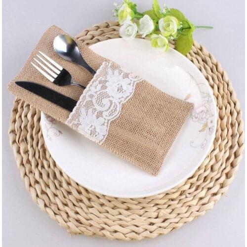 BMBY-50 pcs Natural Jute Cutlery Knives and Forks Cutlery Set Silverware Bag Holder Burlap & Lace Party Wedding Decor, 21x11cm