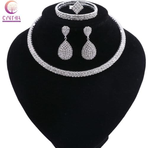 Crystal Wedding Jewelry Sets for Women Clear Necklace Earrings Ring Bracelet Set Engagement African Beads Jewelry Sets