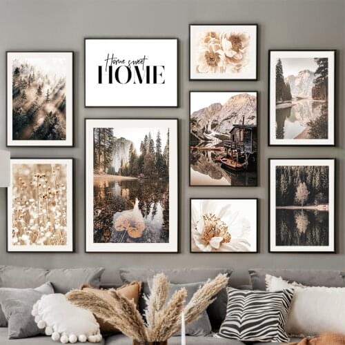 Autumn Mountain Lake Forest Reed Flower Wall Art Canvas Painting Nordic Posters And Prints Wall Pictures For Living Room Decor