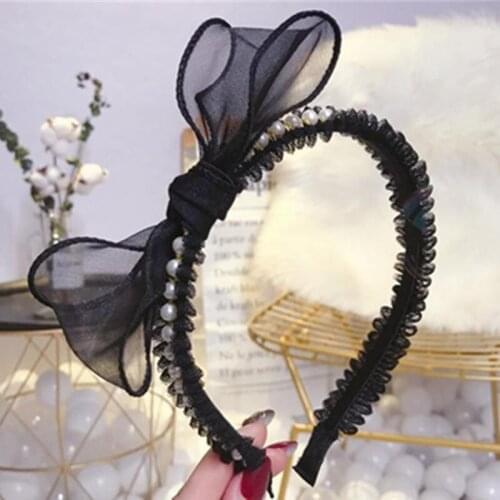 Black Lace Pearls Headband for Women Korean Hair Accessories Ladies Dress Match Headdress Hairband Bow Knotted Teen Girls Hoop