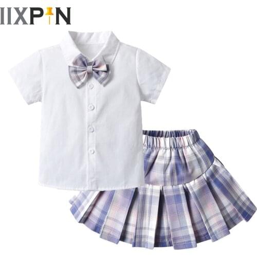 2Pcs Kids Girls Japanese Style Plaid Skirt Outfits Short Sleeve Bowknot Shirt Tops Pleated Mini Skirt Childrens School Uniforms
