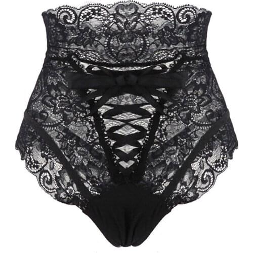 Hot Women Sexy High Waist Black Lace Underwear Lingerie Fashion High-Rise Ladies Thongs and G Strings Lace Up Hollow Out Panties