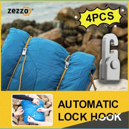 Zezzo® Automatic Lock Hook Self-locking Free Knot Easy Tighten Rope Kit For Camping Tent Accessories 4pcs Hooks with 1pc 6m Rope