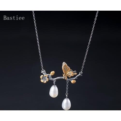 Bastiee Pearl Necklace Butterfly Pendant 925 Sterling Silver Jewelry For Women Accessories Link Chain Vintage Chinese Necklaces