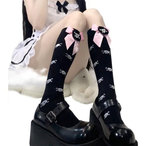 Japanese Lolita Women Knee High Tube Socks Harajuku Evil Skull Skeleton Printed Sweet Bowknot Gothic Long Stockings