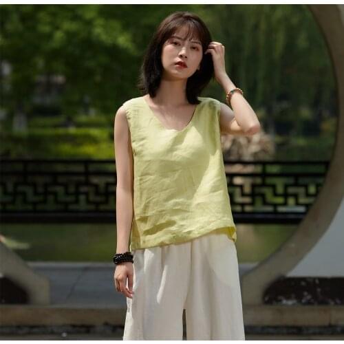 Women Loose Solid Color Vintage Linen Tanks Ladies Simple Flax Retro Tank Tops Female 2020 Summer Tanks